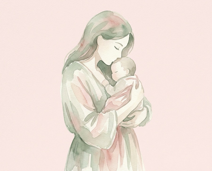 Ilustração em aquarela de mãe com bebê