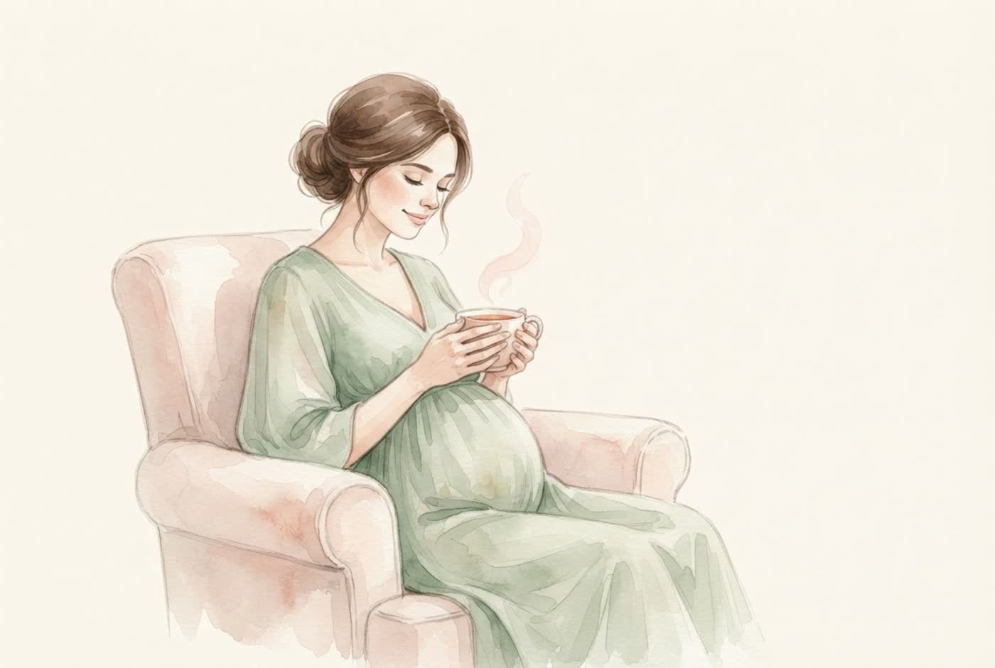 Aquarela de uma gestante sentada em uma poltrona, tomando uma xícara de chá com calma
