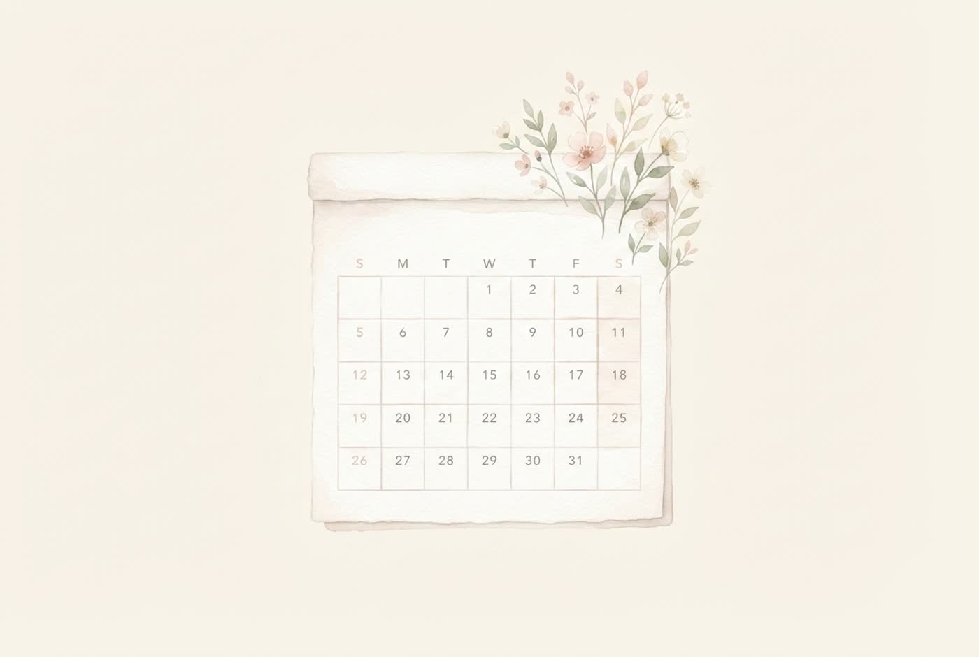 Ilustração em aquarela de uma página de calendário com um pequeno broto, representando a contagem da gestação
